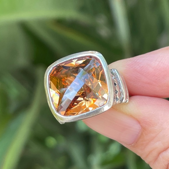 Cushion cut orange crystal sterling silver dot design heavy set size 6.0 ring - Picture 4 of 15